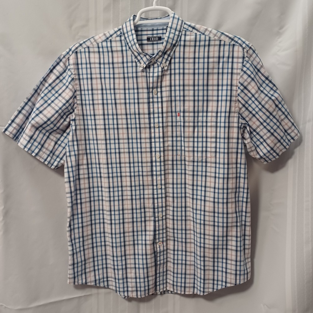 IZOD Button Down Shirt Mens L Blue Plaid S2019 45P5079 Short Sleeve‎ Pocket